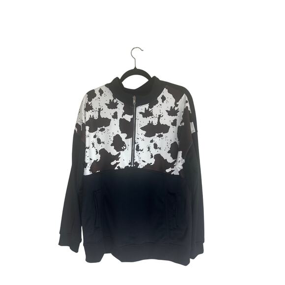 Unisex XL Cow Print Quarter-Zip Pullover Sweatshirt Black White Polyester - Picture 2 of 15